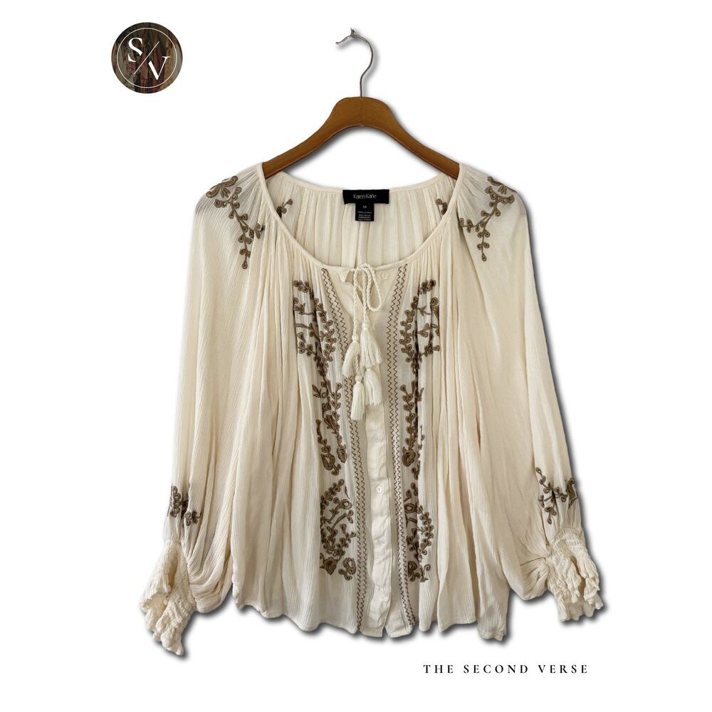 Karen Kane Long Sleeve Embroidery Crinkle Gauze Boho Top Cream Size Medium - Picture 2 of 13